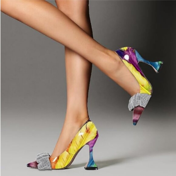 YDN Colorful Feather Print Pointed Toe Slip on Pumps Special High Heel Shoes - Picture 1 of 8